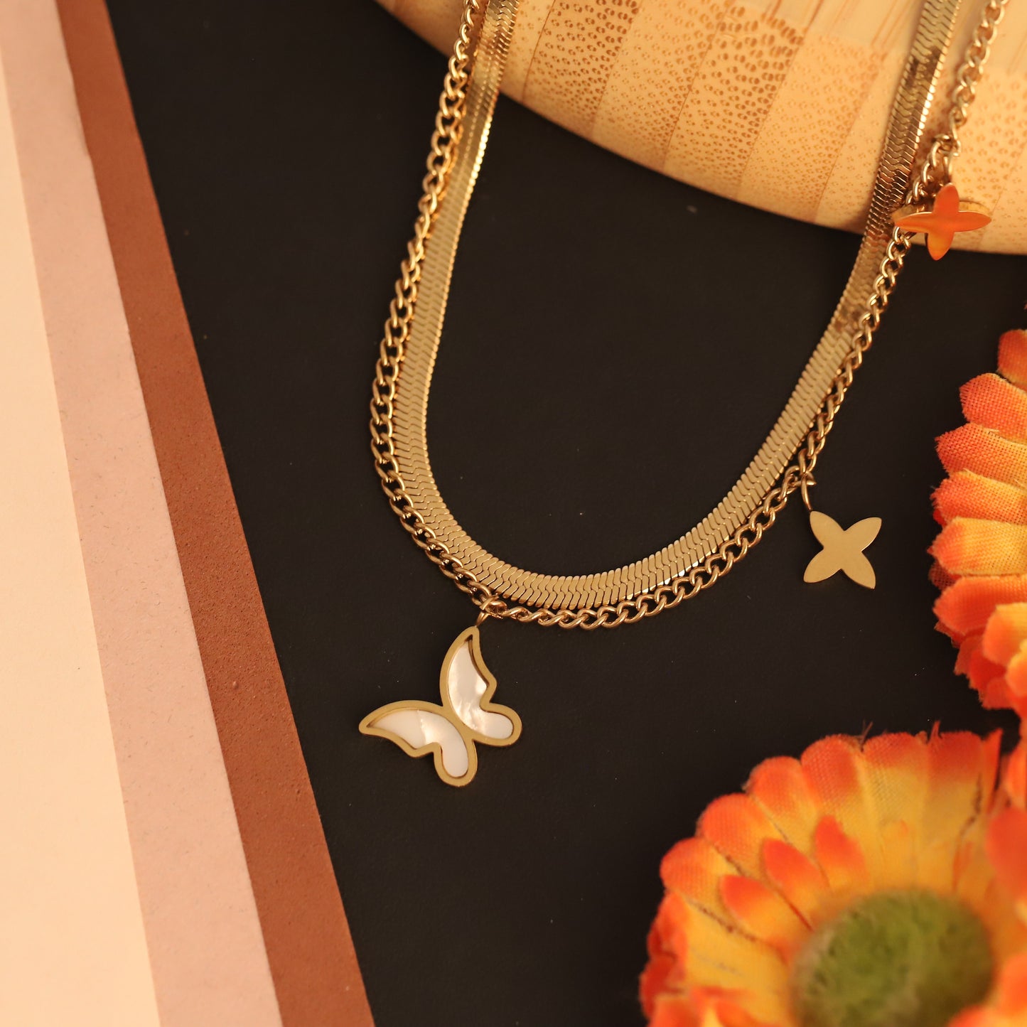 Gold Butterfly Layered Necklace - Herringbone & Charm Pendant