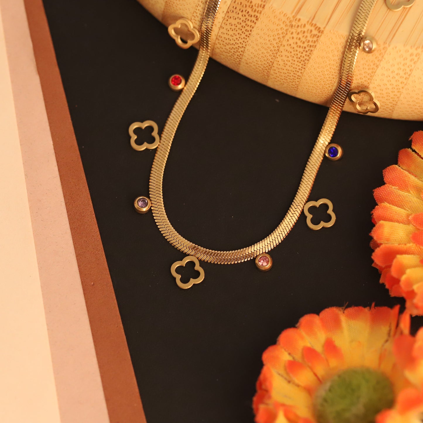 Elegant Gold Plated Clover Charm Choker Necklace with Colorful Crystals