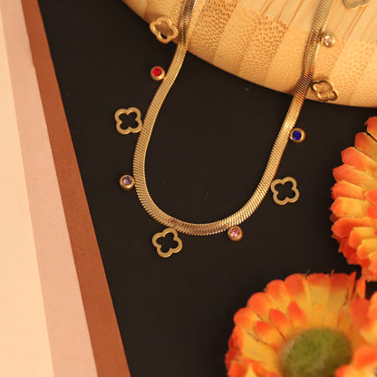 Elegant Gold Plated Clover Charm Choker Necklace with Colorful Crystals