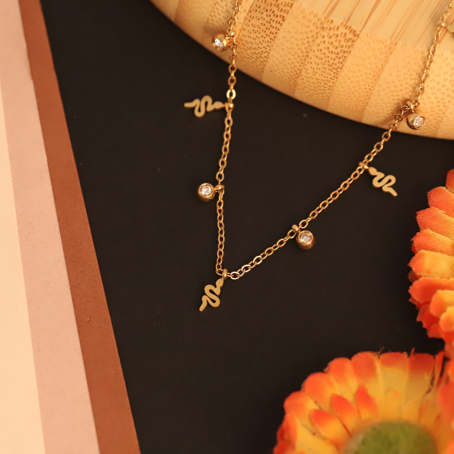 22K Gold Plated Snake Charm Necklace | Sparkling Stainless Steel Daily Wear