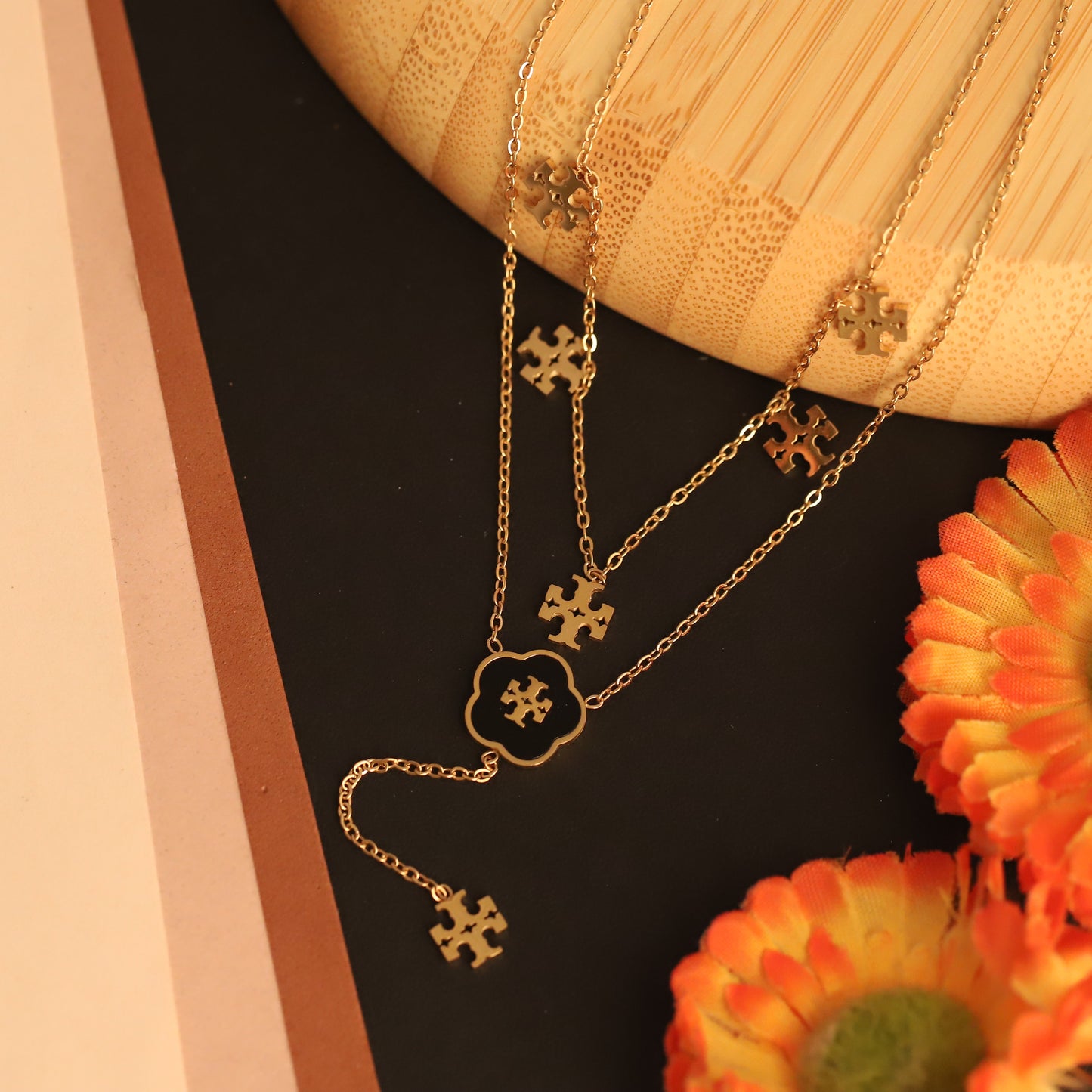 Tory Burch Style Gold Flower Layered Pendant Set | Designer Inspired Jewelry