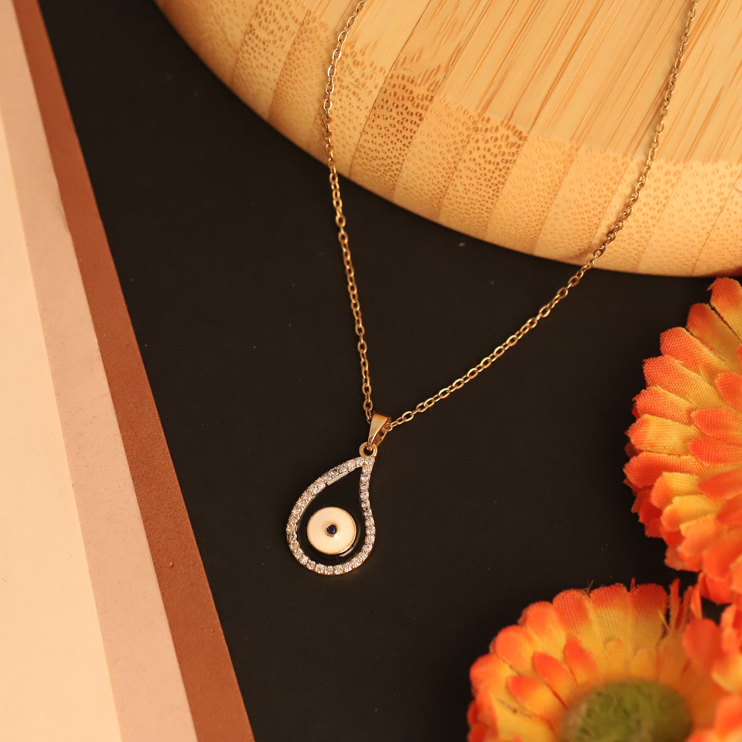 22K Gold Plated Teardrop Evil Eye Necklace | Sparkling Black & Blue Stainless Steel Pendant