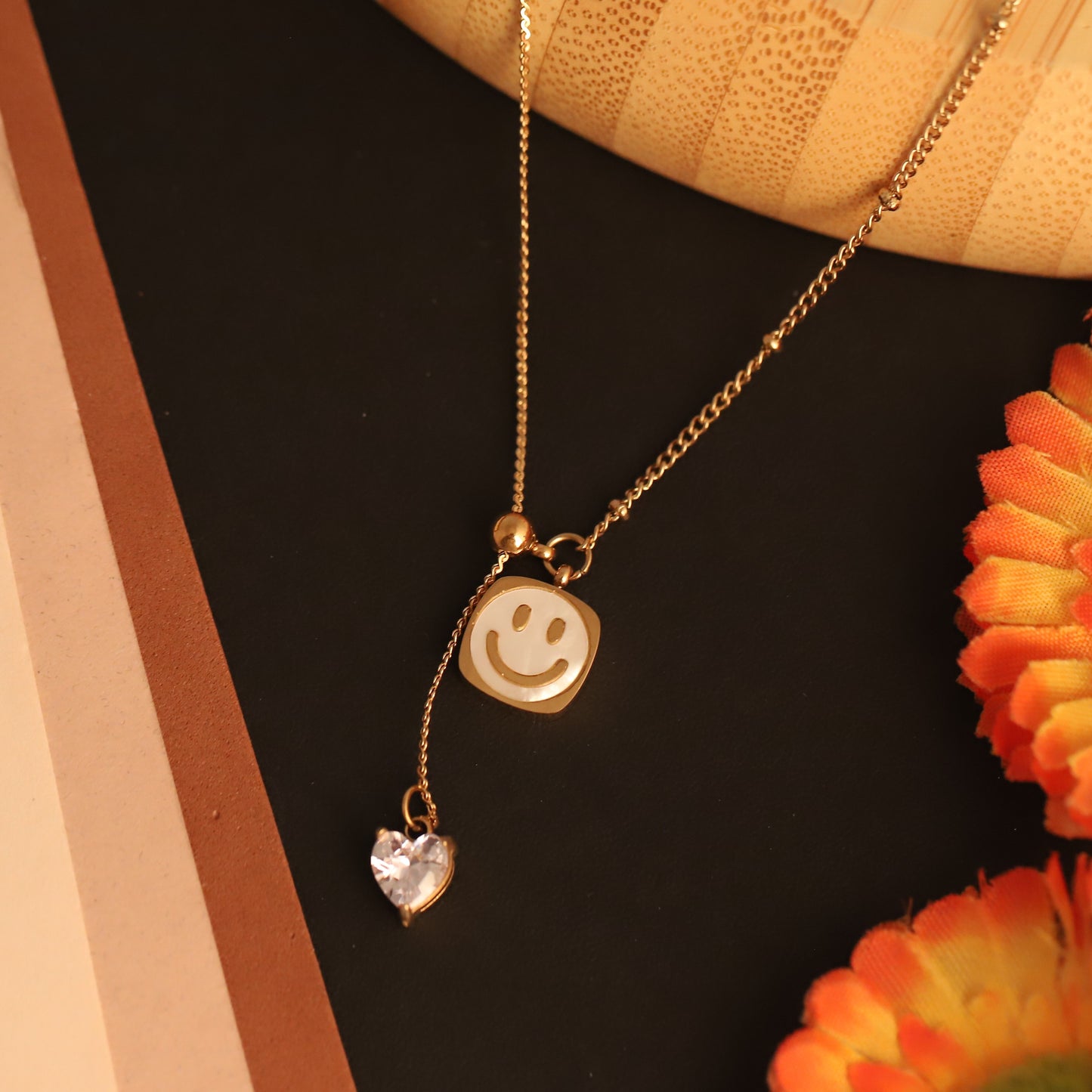 22K Gold Plated Smiley Face Lariat Necklace | Stainless Steel Heart Charm Pendant