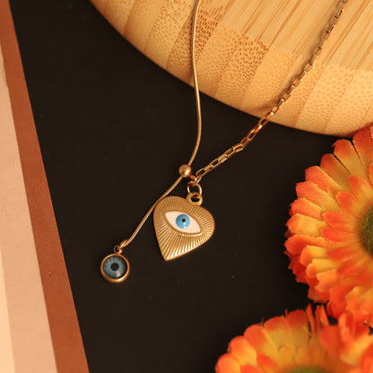 22K Gold Plated Heart Evil Eye Lariat Necklace | Stainless Steel Protection Charm