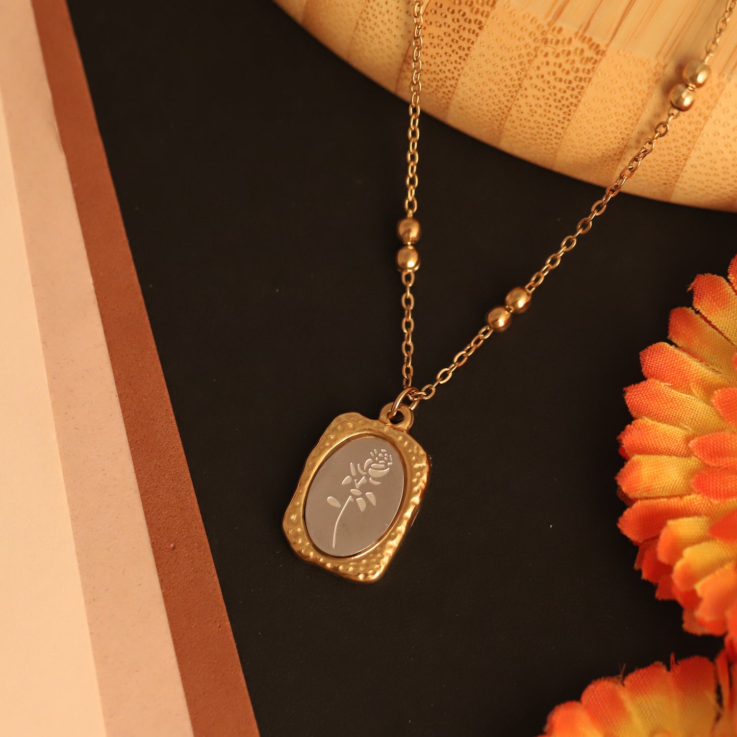 Etched Rose Oval Pendant Necklace | Gold Beaded Chain Floral Jewelry