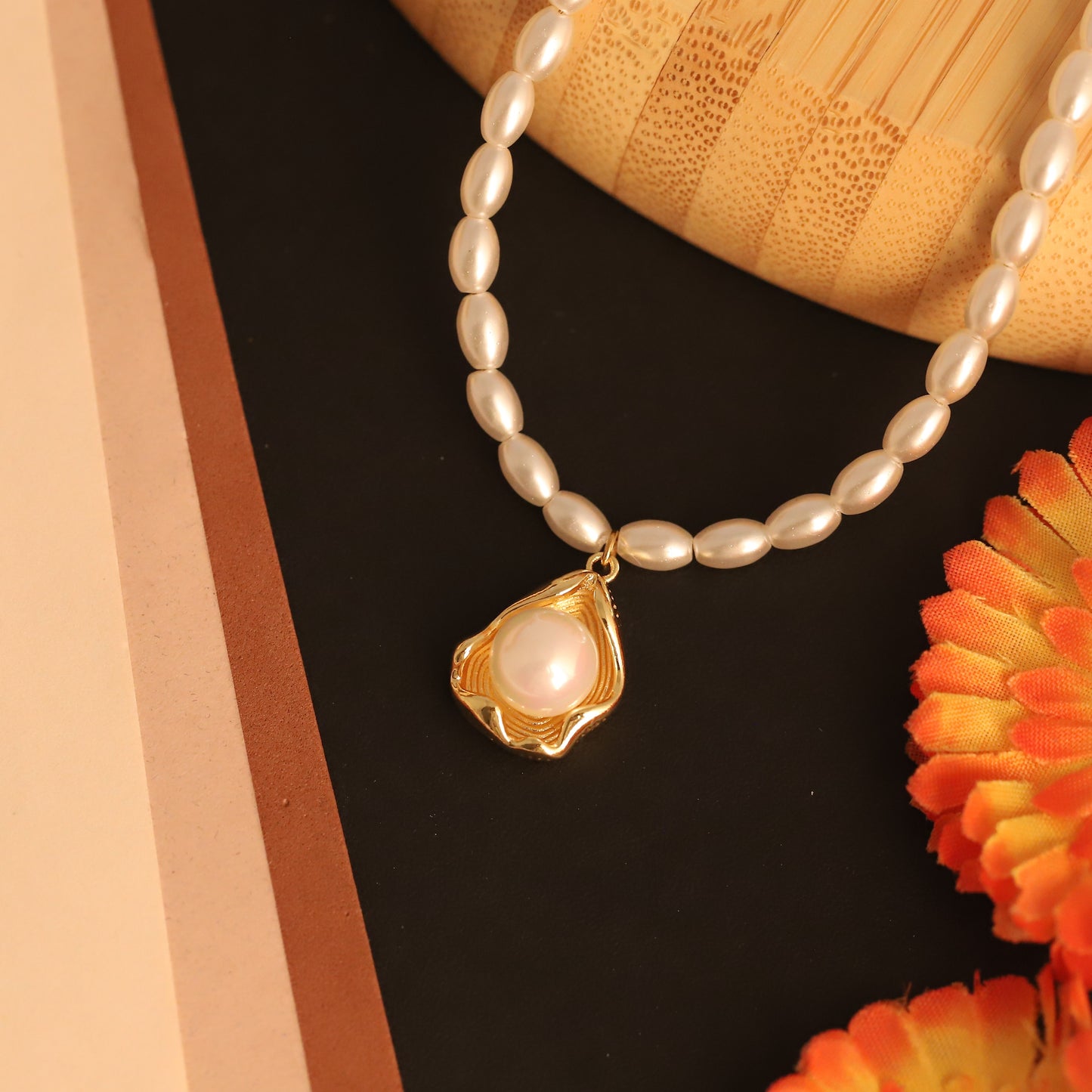 Natural Freshwater Pearl Necklace | Gold Plated Teardrop Cage Pendant | Elegant Beaded Choker