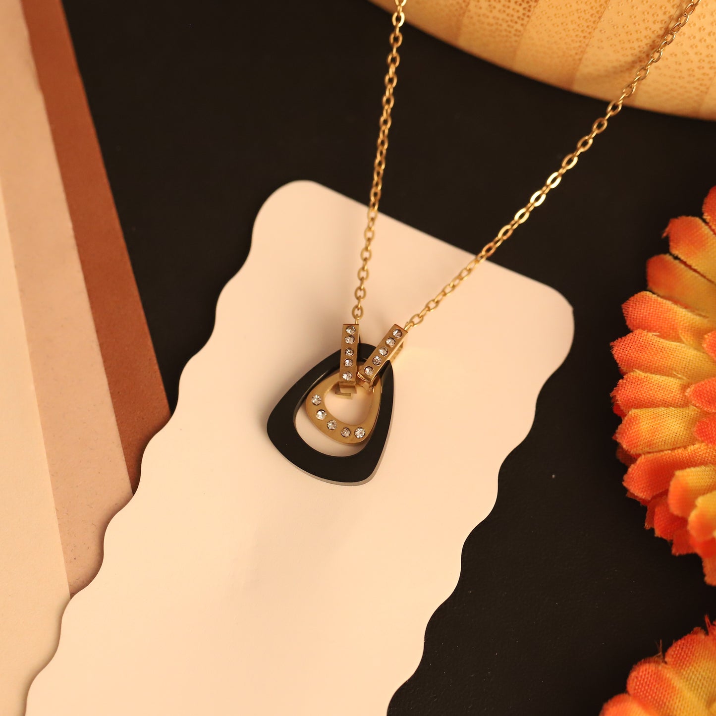 Asymmetrical Black Enamel Pendant Necklace | Gold Geometric Jewelry