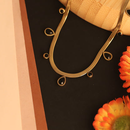 Sleek Gold Snake Chain Necklace with Black Teardrop Charms | Dainty & Elegant
