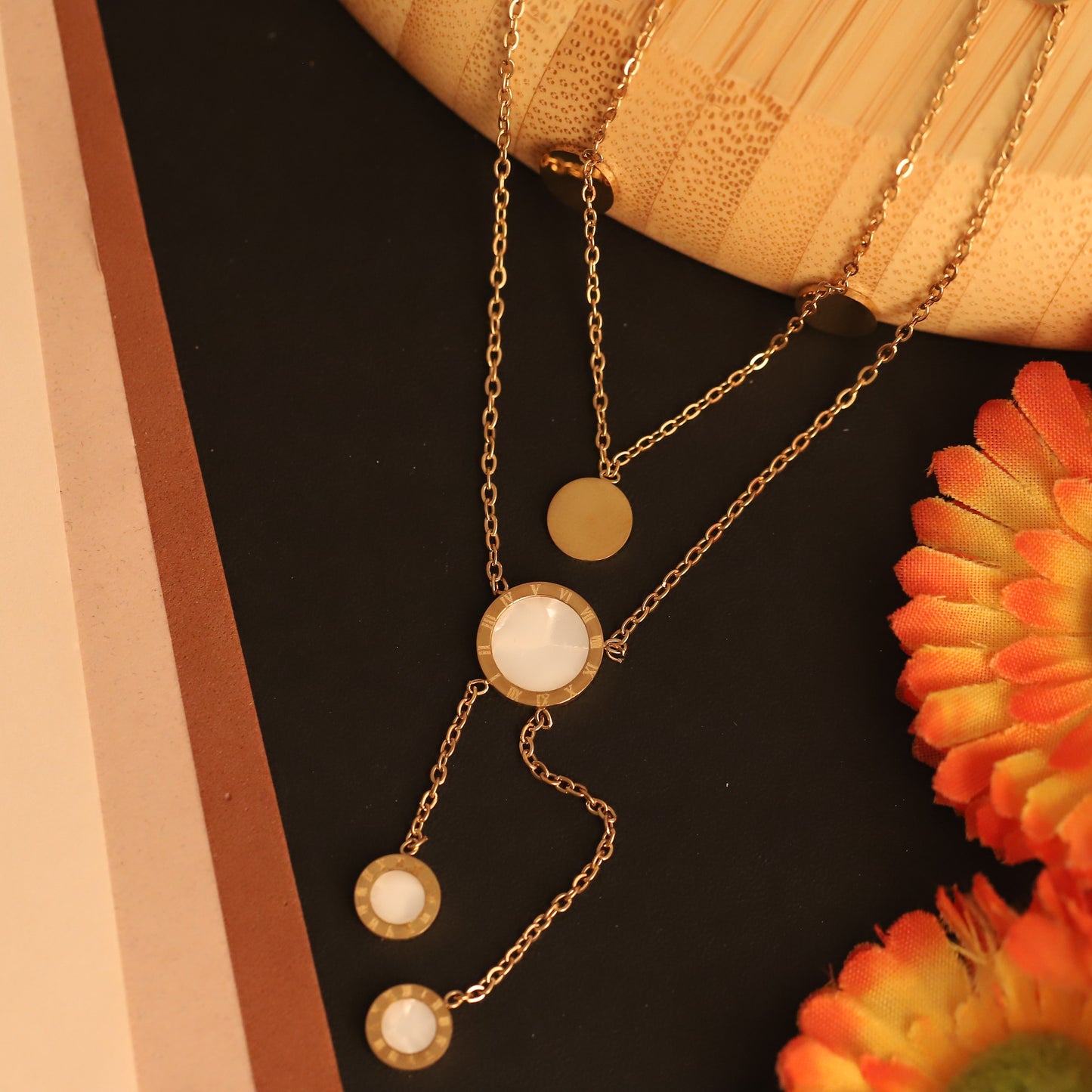 Layered Mother of Pearl & Gold Disc Necklace | Elegant Double Chain