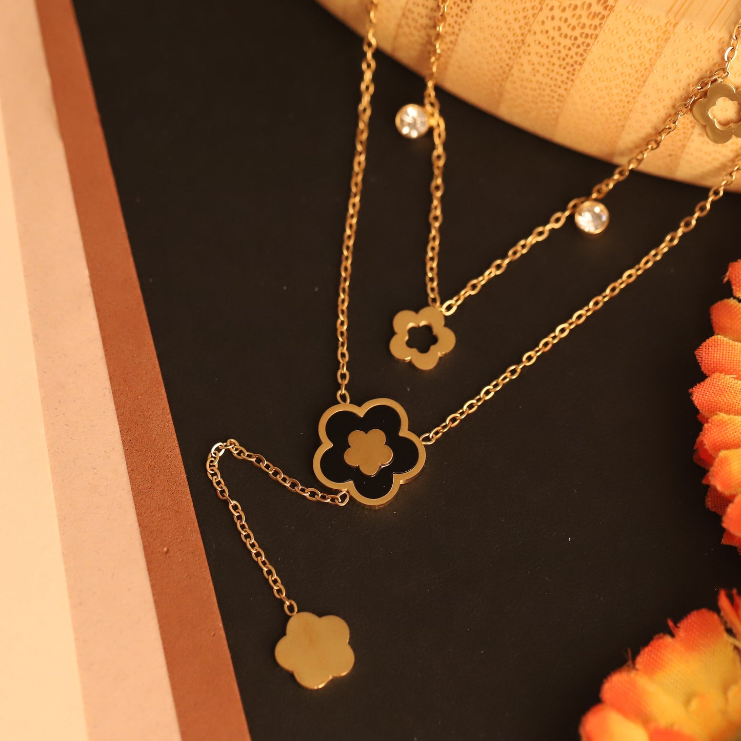 Elegant Gold Flower & Stone Layered Pendant | Women's Fashion Pendant Set