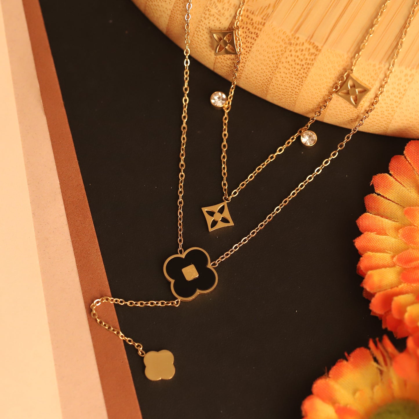Layered Clover & Diamond Shape Necklace | Gold Tone Black Enamel Pendant | Dainty Crystal Chain Jewelry