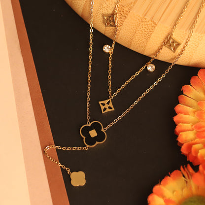Layered Clover & Diamond Shape Necklace | Gold Tone Black Enamel Pendant | Dainty Crystal Chain Jewelry