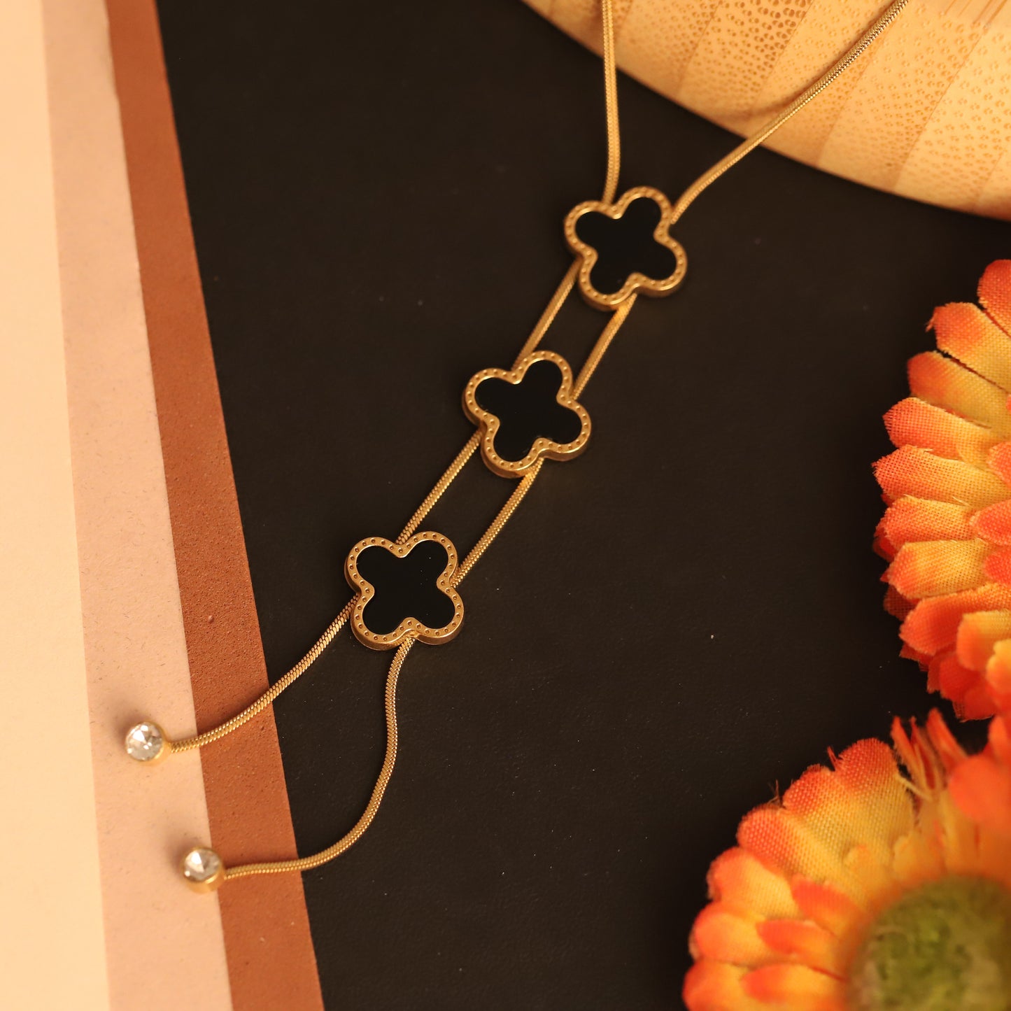 Elegant Black & Gold Clover Pendant | Adjustable Layered Look Necklace