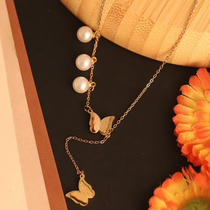 Butterfly & Pearl Gold Plated Necklace | Elegant Dangle Jewelry