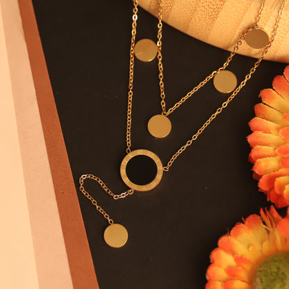 Roman Numeral Black Enamel Layered Necklace | Gold Tone Disc Charms | Modern Elegant Jewelry
