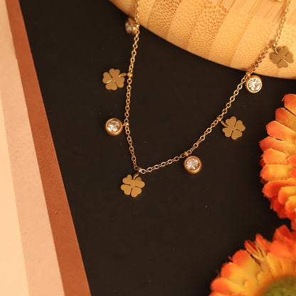 Lucky Four-Leaf Clover & Zircon Charm Necklace - Gold Plated Women's Jewelry