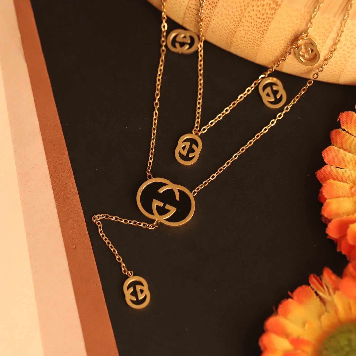 Layered Gold Tone "GG" Logo Necklace | Designer Inspired Fashion Jewelry | Black Enamel Pendant