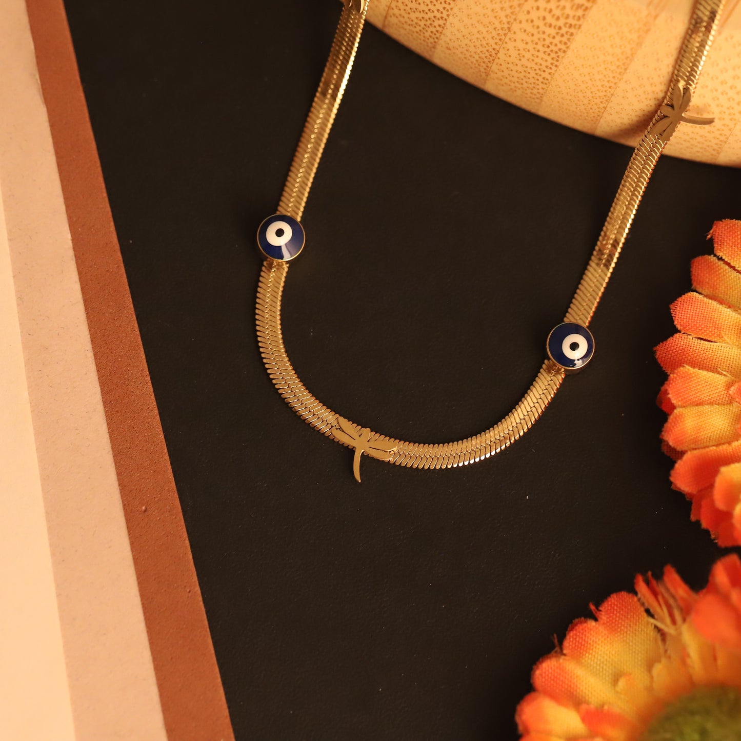Gold Evil Eye & Dragonfly Snake Chain Necklace - Stainless Steel | Protection & Nature Inspired Jewelry