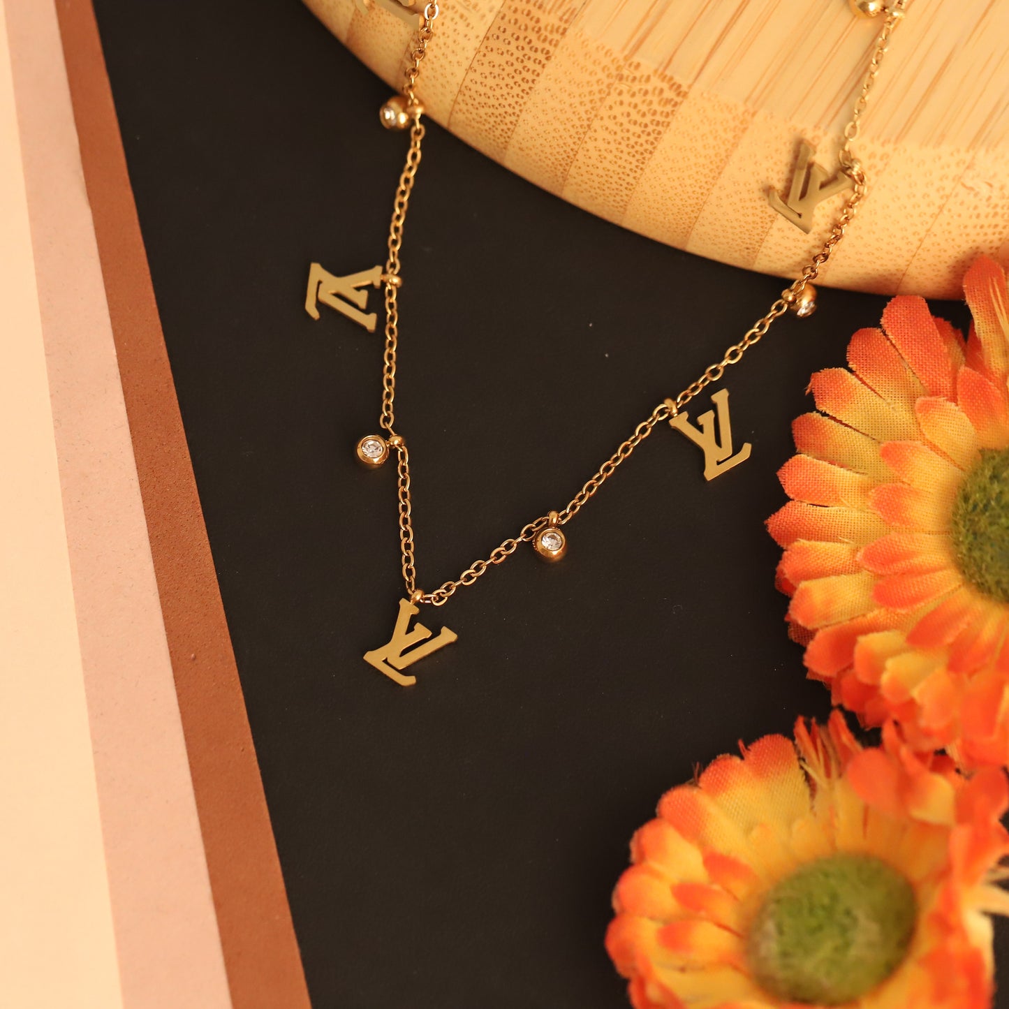 Modern Letter Charm Necklace | Anti-Tarnish Crystal Accent Gold Chain