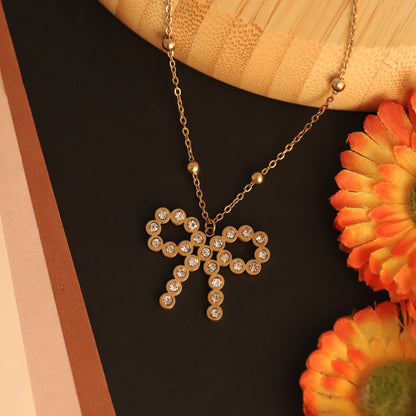Dainty Gold Bow Pendant with Rhinestones | Elegant Pendant Jewelry