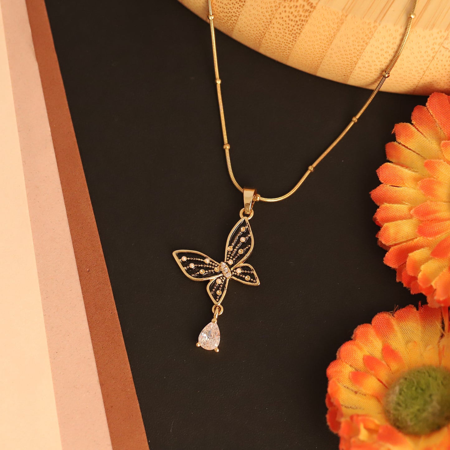 Elegant Gold Tone Butterfly Pendant | Diamond Accent Daily Wear Jewelry