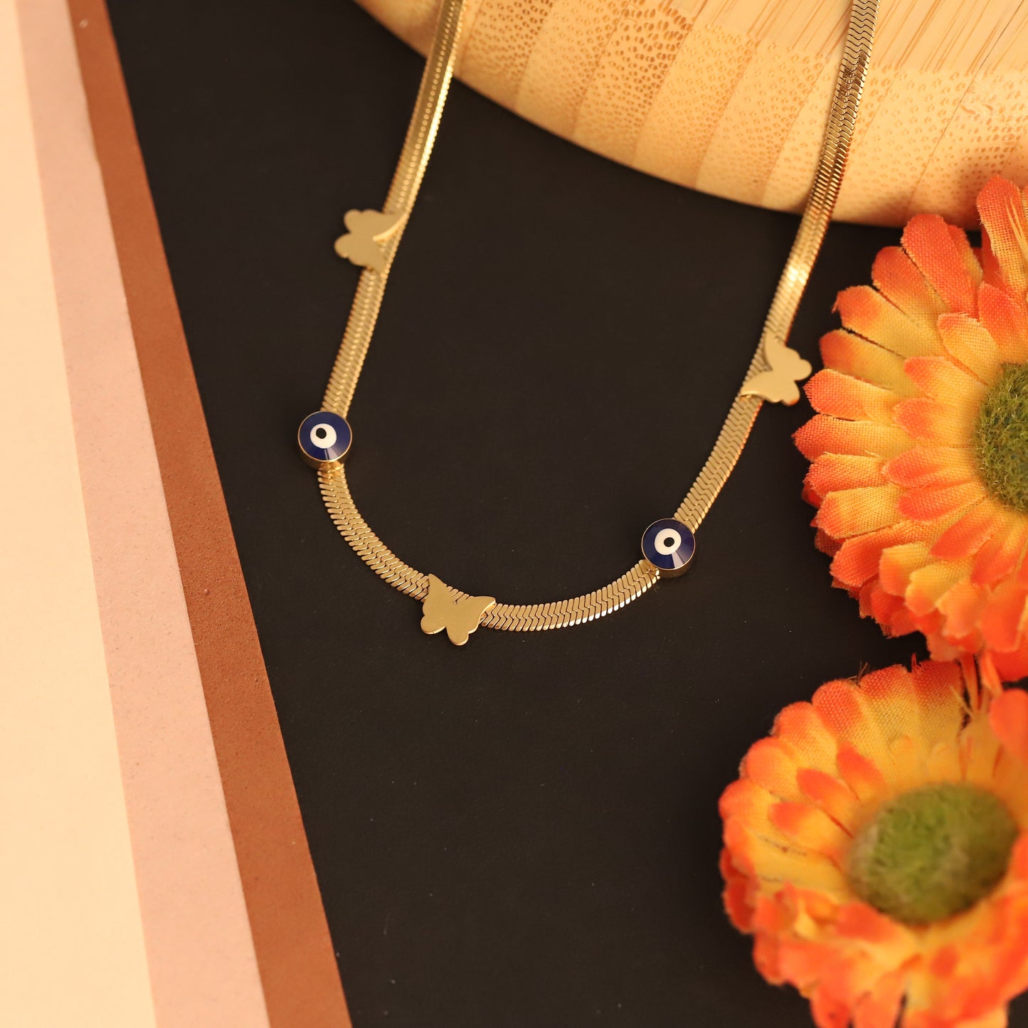 Gold Evil Eye & Butterfly Snake Chain Necklace - Stainless Steel | Protection & Whimsical Jewelry