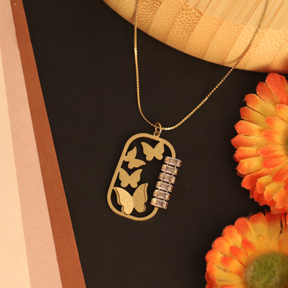 Butterfly & Crystal Rectangle Pendant Necklace | Gold Statement Jewelry