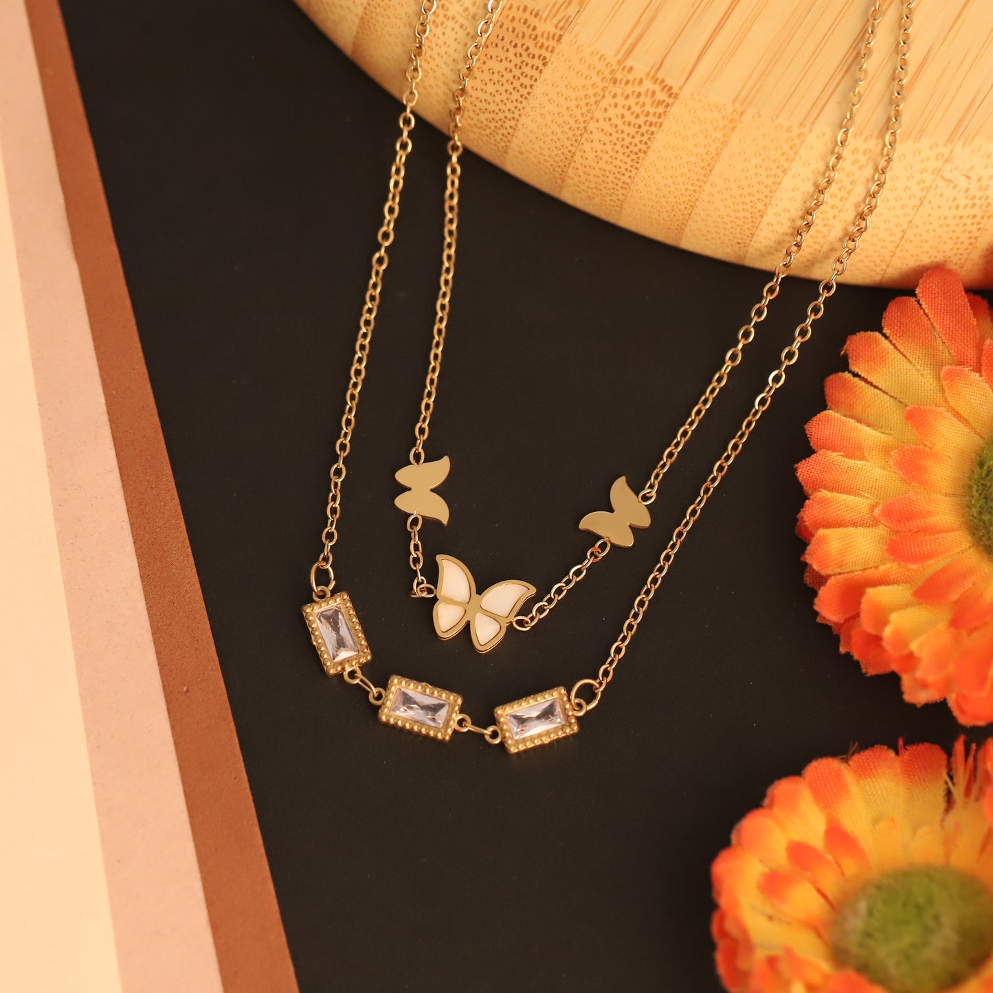 Elegant Layered Butterfly & Crystal Necklace | Gold Tone Dainty Chain | Feminine Statement Jewelry