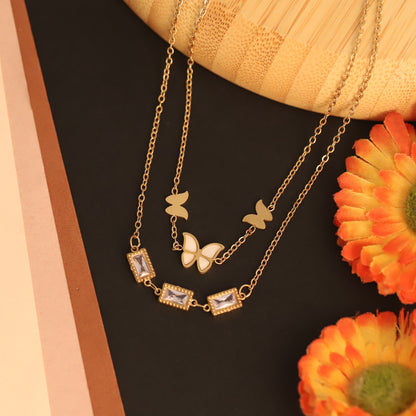 Elegant Layered Butterfly & Crystal Necklace | Gold Tone Dainty Chain | Feminine Statement Jewelry