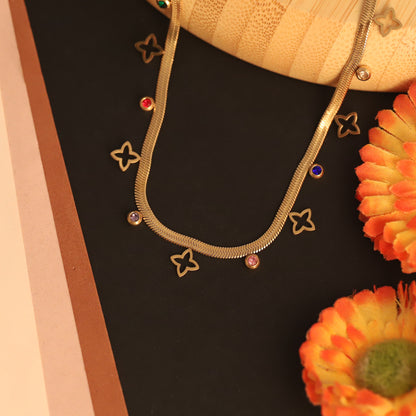 Gold Plated Snake Chain Necklace with Colorful CZ & Clover Charms | Modern Everyday Jewelry