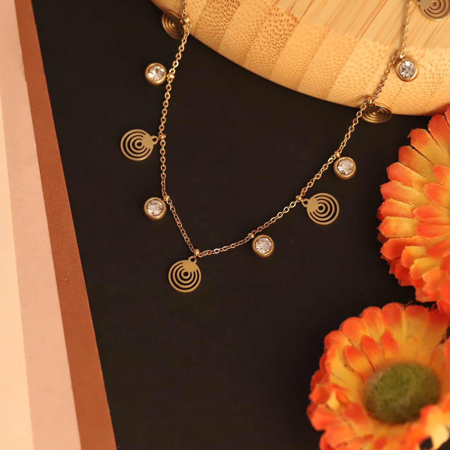 Gold Plated Spiral Disc & Zircon Charm Necklace - Modern Dainty Jewelry for Women