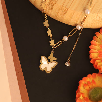 Asymmetrical Butterfly & Pearl Necklace | Gold Modern Jewelry