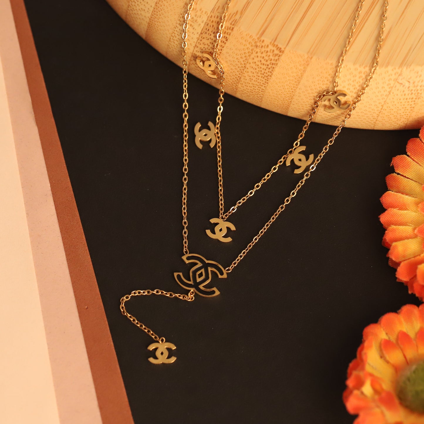 Layered Gold CC Logo Necklace | Interlocking C Pendant | Fashion Designer Inspired Jewelry