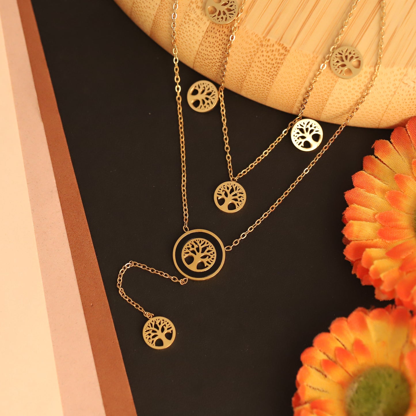 Gold Tone Tree of Life Layered Necklace | Black Enamel Pendant | Family Tree Symbol Jewelry