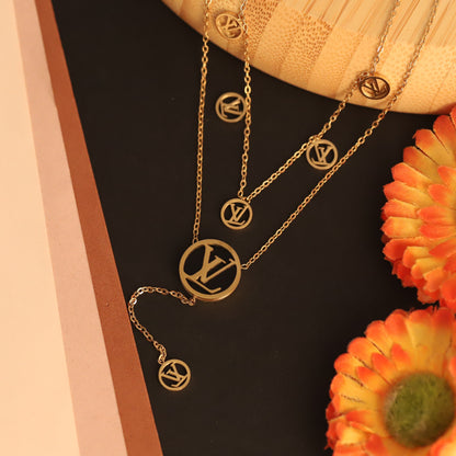 Gold Tone "LV" Monogram Layered Necklace | Black Enamel Designer Inspired Jewelry | Fashion Lariat