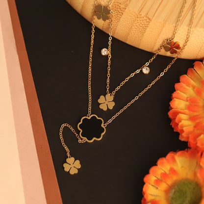 Lucky Clover Layered Necklace | Gold Tone Enamel Flower Pendant | Dainty Crystal Chain Jewelry