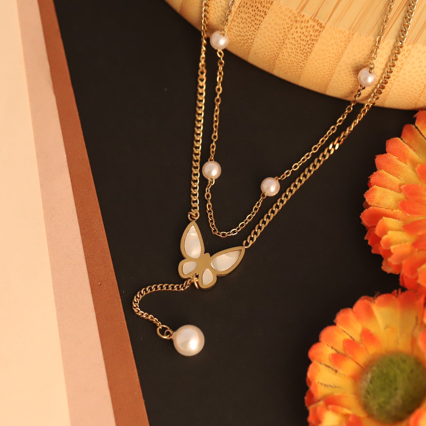 Layered Butterfly & Pearl Necklace | Gold Plated Y-Chain Jewelry