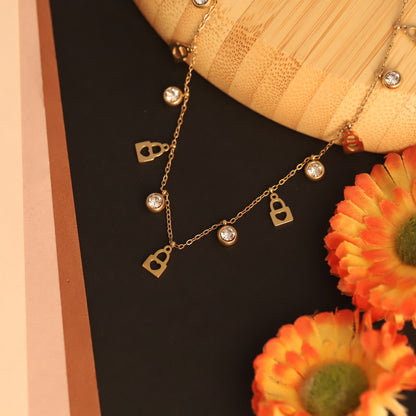 Elegant Gold Plated Lock & Key Charm Necklace with Zircons - Women's Fashion Jewelry
