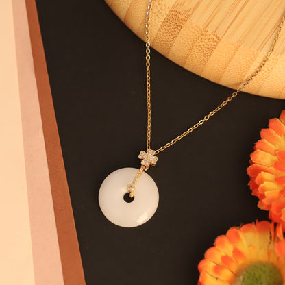 22K Gold Plated White Disc Necklace | Clover Detail Stainless Steel Pendant