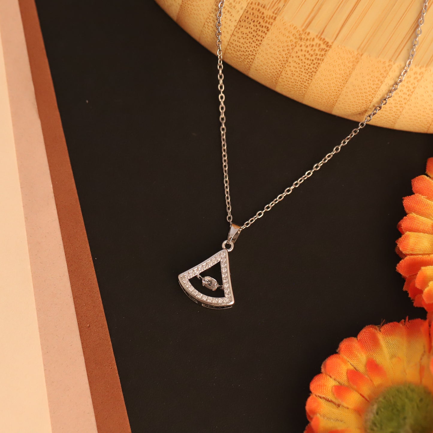 Silver Tone Triangle Pendant Necklace | Sparkling Diamond Accent Geometric Jewelry