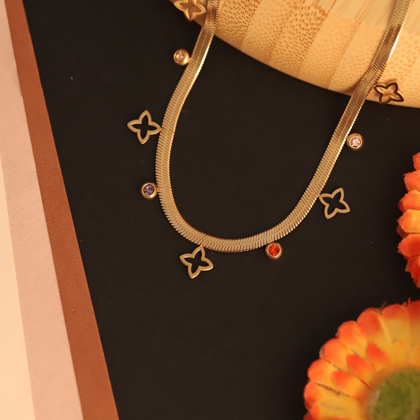 Gold Plated Snake Chain Necklace with Clover & Colorful Gemstone Charms | Modern Dainty Jewelry