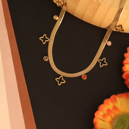 Gold Plated Snake Chain Necklace with Clover & Colorful Gemstone Charms | Modern Dainty Jewelry