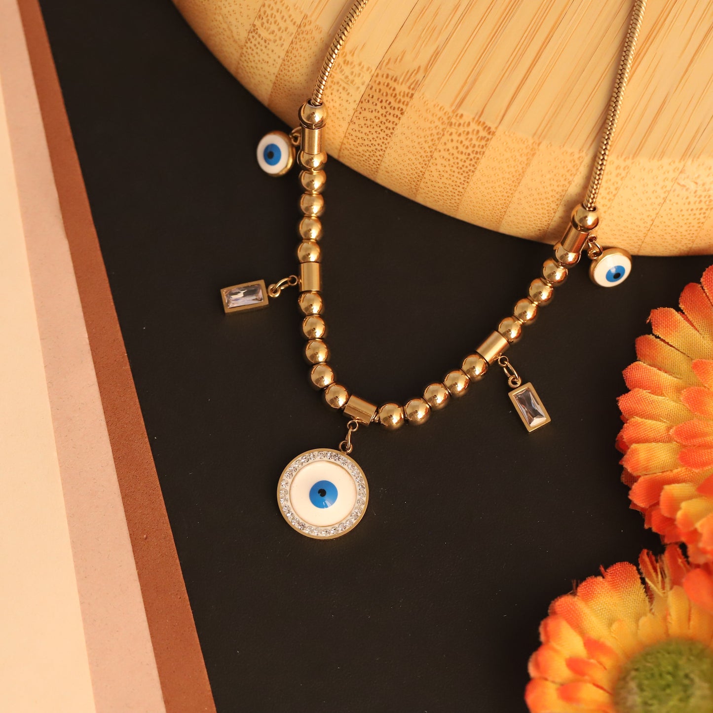 Gold Evil Eye Beaded Necklace - Layered Lucky Charm Pendant