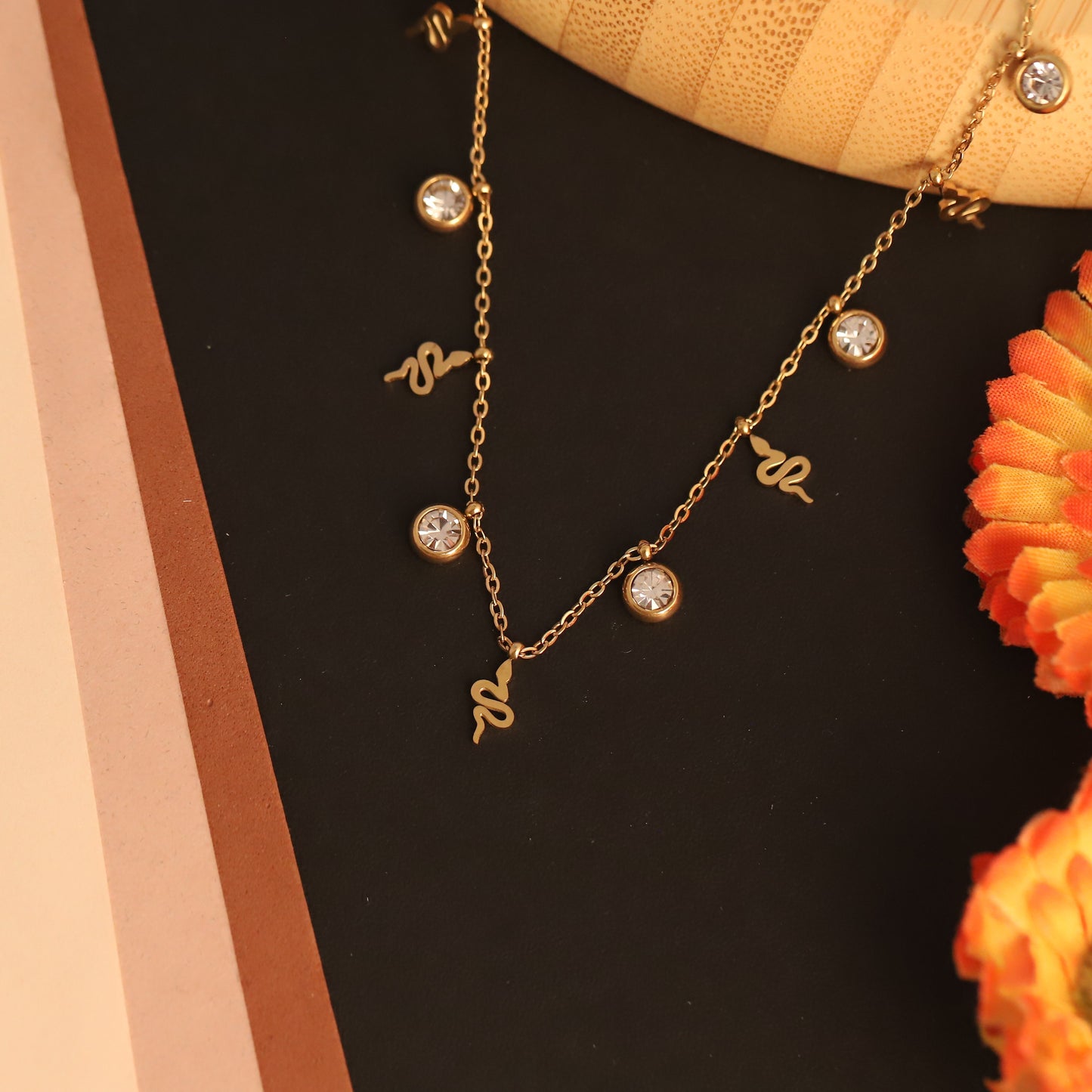 Gold Plated Snake Charm & CZ Stone Necklace | Dainty Serpent Jewelry