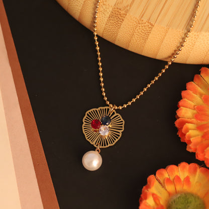 Floral Pearl & Gemstone Pendant Necklace | Gold Beaded Chain Jewelry