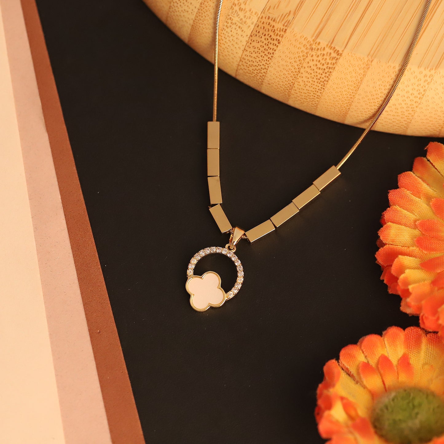 22K Gold Plated White Clover Necklace | Sparkling Halo Stainless Steel Pendant