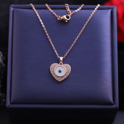 Rose Gold Heart Evil Eye Necklace - Sparkling Lucky Charm Pendant