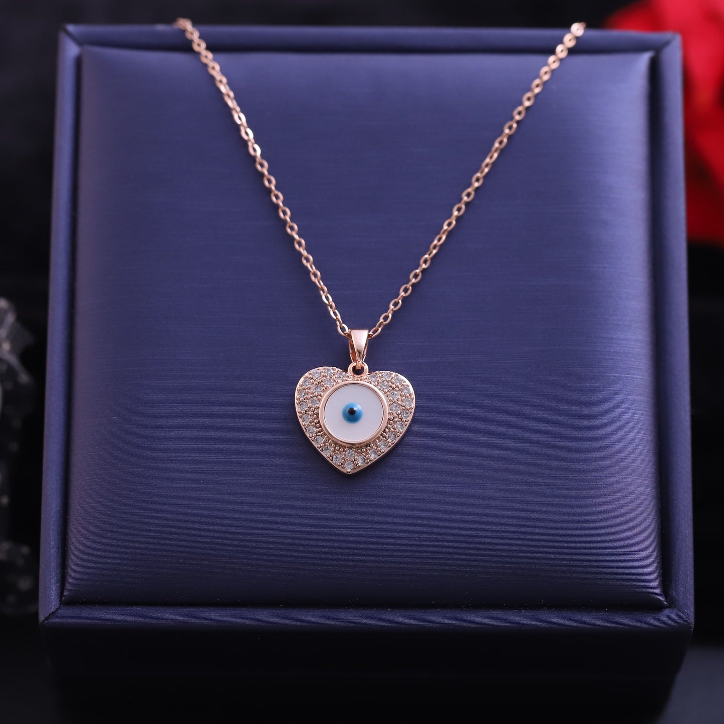 Rose Gold Heart Evil Eye Necklace - Sparkling Lucky Charm Pendant