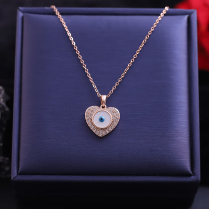 Rose Gold Heart Evil Eye Necklace - Sparkling Lucky Charm Pendant