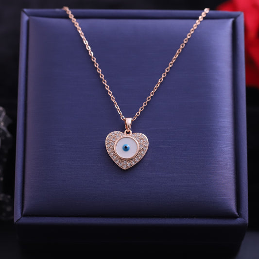 Rose Gold Heart Evil Eye Necklace - Sparkling Lucky Charm Pendant